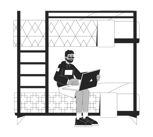 Étudiant noir assis sur un lit superposé avec un ordinateur portable  Illustration