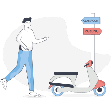 Un étudiant universitaire montre une zone de stationnement  Illustration
