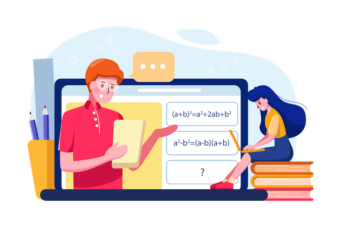 Étudiante apprenant les mathématiques en ligne  Illustration