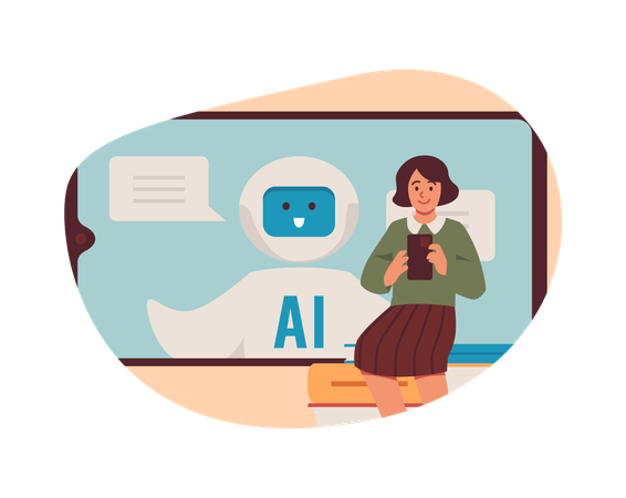 Étudiante avec un chatbot IA pour smartphone, assistance robotique sur l'écran, étudiant avec l'intelligence artificielle  Illustration