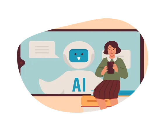 Étudiante avec un chatbot IA pour smartphone, assistance robotique sur l'écran, étudiant avec l'intelligence artificielle  Illustration