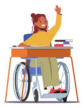 Étudiante handicapée assise sur un banc d'école  Illustration