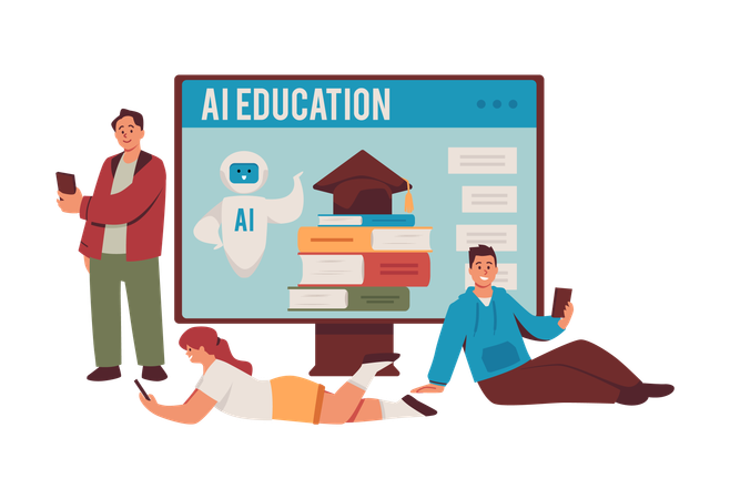 Étudiants équipés de smartphones, éducation numérique avec site Web de chatbot avec assistance robotique IA à l'écran  Illustration