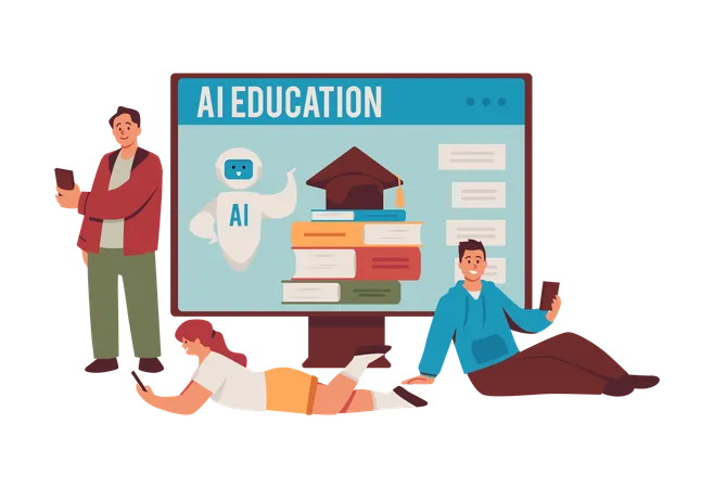 Étudiants équipés de smartphones, éducation numérique avec site Web de chatbot avec assistance robotique IA à l'écran  Illustration