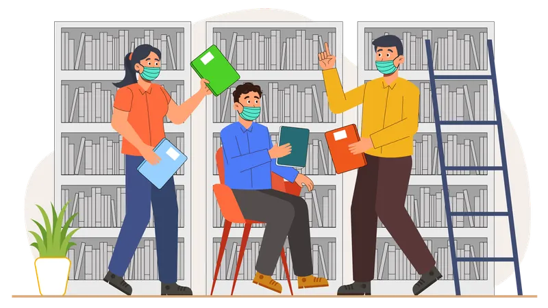 Des étudiants bavardent à la bibliothèque  Illustration