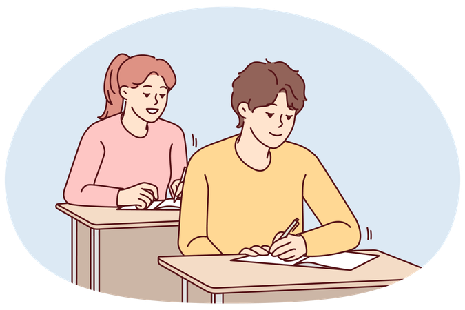 Des étudiants souriants sont assis à leur bureau et écrivent pendant leur cours  Illustration