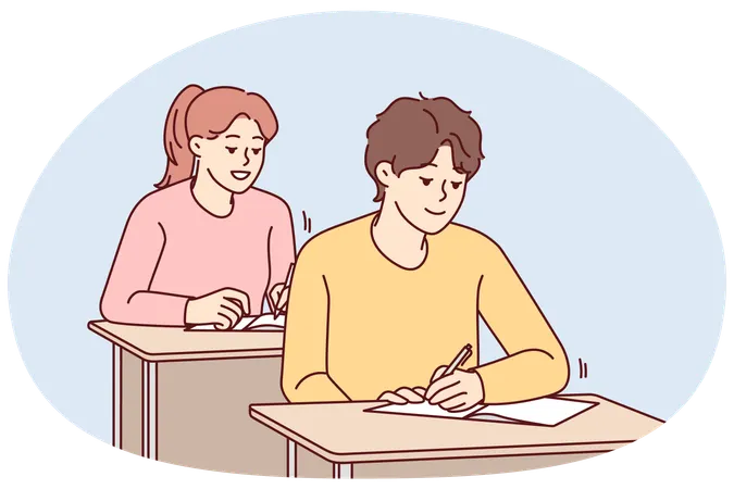 Des étudiants souriants sont assis à leur bureau et écrivent pendant leur cours  Illustration