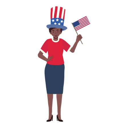 Conceito Do Dia Da Independencia Dos EUA Em 4 De Julho Mulher Afro Americana Segurando A Bandeira Americana Para Comemorar Ilustracao De Desenho Animado Vetorial Plano Ilustração