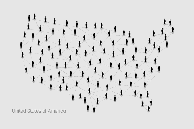 Mapa dos EUA. Mapa dos Estados Unidos. O mapa vetorial mostra pessoas se conectando por meio de uma grande linha da Internet e pontos formando a forma dos Estados Unidos da América.  Ilustração