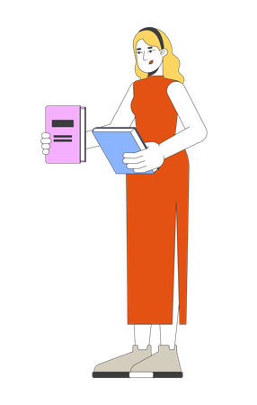 Europäische blonde Frau im Qipao vergleicht Bücher in der Hand  Illustration