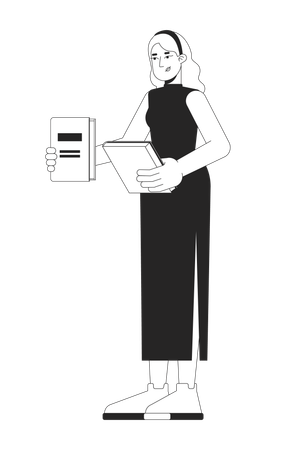 European blonde woman in qipao comparing books in hand  Illustration