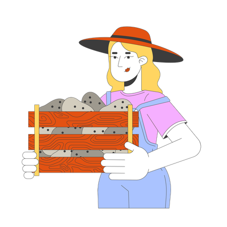 European female holding heavy crate with potatoes  Illustration