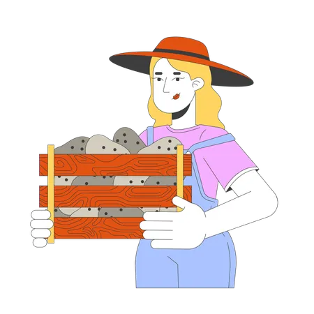 European female holding heavy crate with potatoes  Illustration