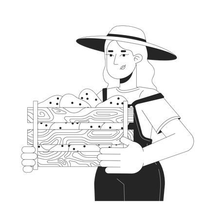 European female holding heavy crate with potatoes  Illustration