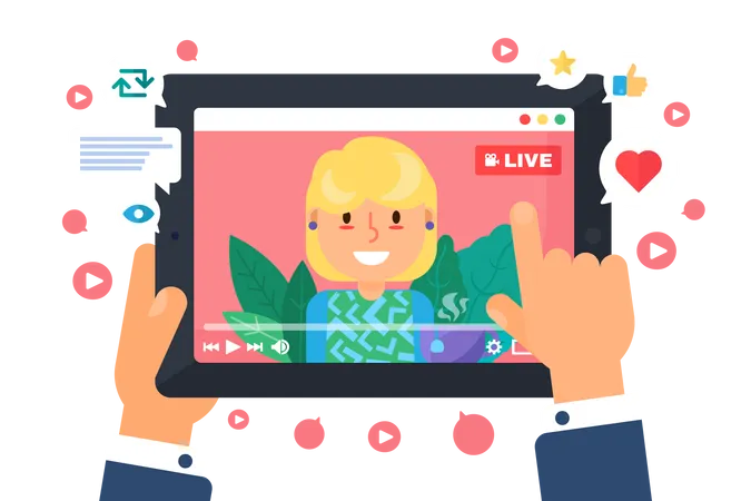European Female Web Streamer Concept Illustration Live Stream On Screen Top View Person Watching Online Broadcast Tablet In Hands Flat Cartoon Drawing Vector Isolated Color Icon イラスト