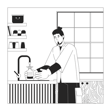 European guy filling bottle with water in kitchen  Illustration