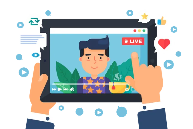 European Male Web Streamer Concept Illustration Online Broadcast On Tablet Display Semi Flat Cartoon Drawing Man Watching Social Live Stream Vector Isolated Color Icon Illustration