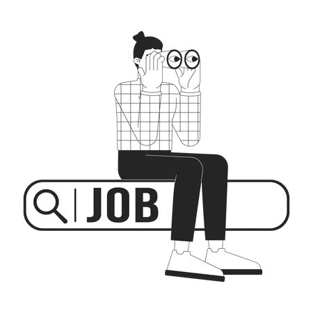 European Man Looking For Job Black And White 2 D Illustration Concept Unemployed Male Sitting On Search Box Cartoon Outline Character Isolated On White Online Vacancy Metaphor Monochrome Vector Art Illustration