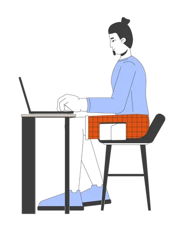 European Man Working On Laptop 2 D Linear Cartoon Character Caucasian Male Freelancer With Computer Isolated Line Vector Person White Background Remote Job Color Flat Spot Illustration Illustration