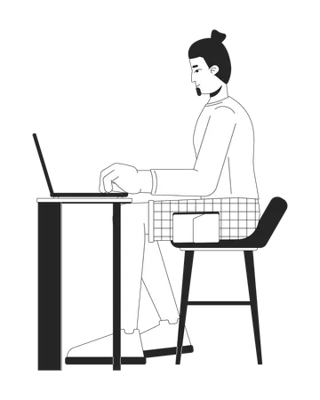European Man Working On Laptop Black And White 2 D Line Cartoon Character Caucasian Male Freelancer With Computer Isolated Vector Outline Person Remote Job Monochromatic Flat Spot Illustration Illustration