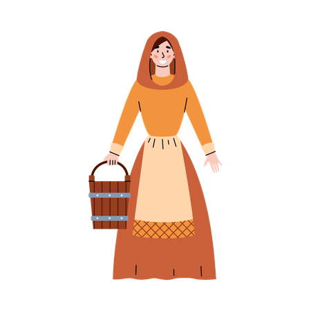 European medieval woman with wood bucket  Illustration