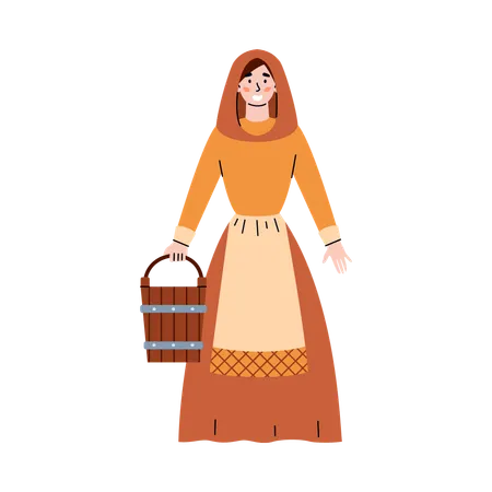 European medieval woman with wood bucket  Illustration