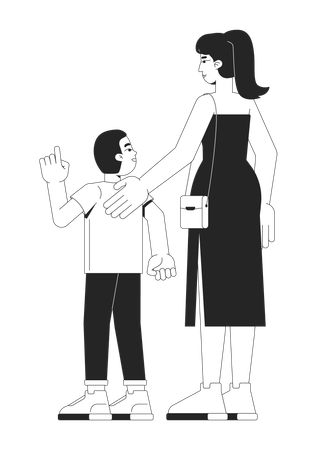 European mother gently leading young son while walking  Illustration