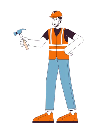 European Repairman Holding Hammer 2 D Linear Cartoon Character Caucasian Adult Man Carpenter Isolated Line Vector Person White Background Hardhat Specialist Fixing Color Flat Spot Illustration Illustration