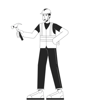 European Repairman Holding Hammer Black And White 2 D Line Cartoon Character Caucasian Adult Man Carpenter Isolated Vector Outline Person Hardhat Specialist Fix Monochromatic Flat Spot Illustration Illustration