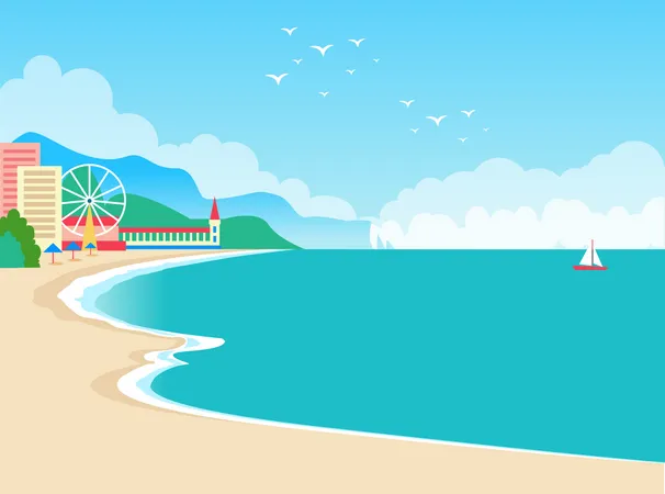 European Resort Summer Poster With Clear Sky And Water Sand And Beach European Resort With Ferris Wheel And Sailboat Isolated On Vector Illustration 일러스트레이션