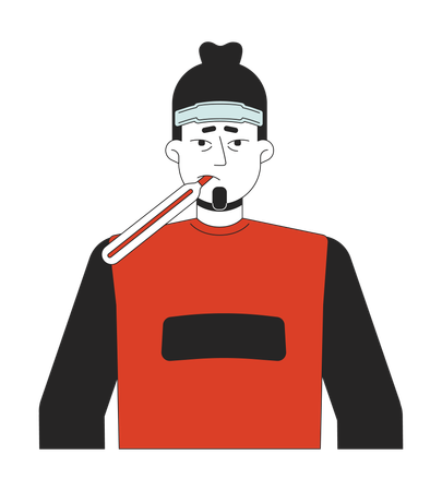 European sick man with thermometer in mouth  イラスト