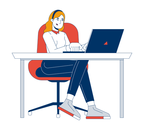 European woman freelancer working on laptop  Illustration