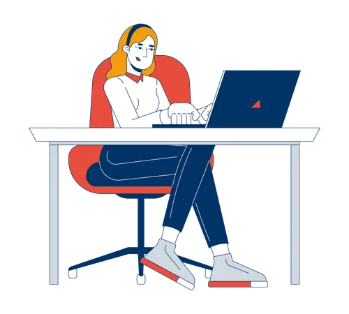 European woman freelancer working on laptop  Illustration