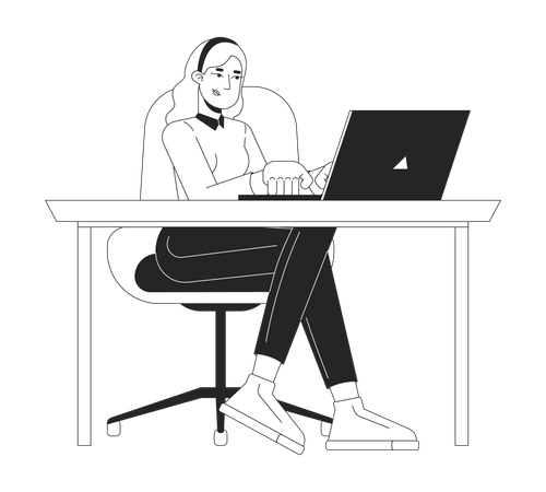 European woman freelancer working on laptop  Illustration