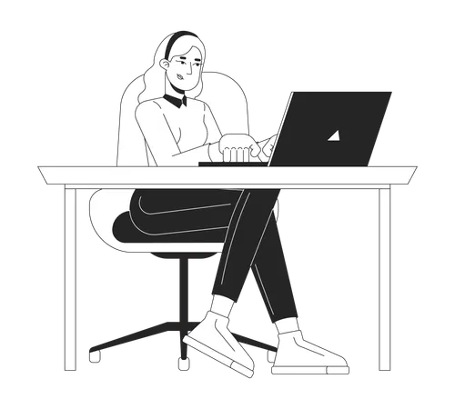 European woman freelancer working on laptop  Illustration