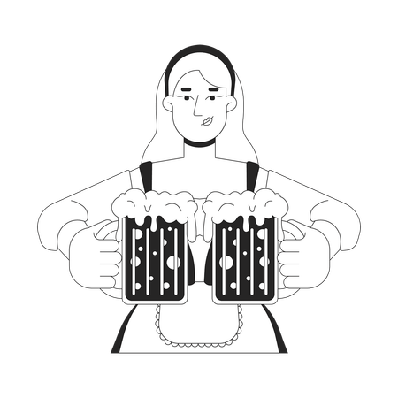 European woman holding frothy craft beer mugs  Illustration