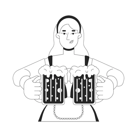 European woman holding frothy craft beer mugs  Illustration