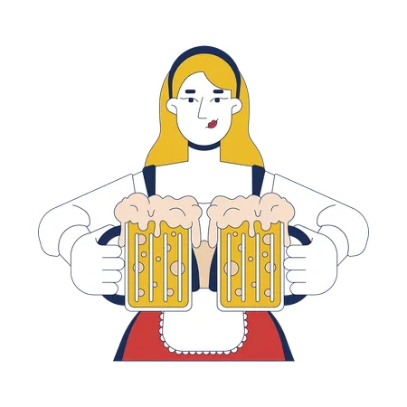 European woman holding frothy craft beer mugs  Illustration