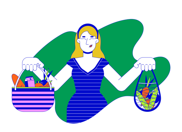 European woman holding reusable bags with food  Illustration