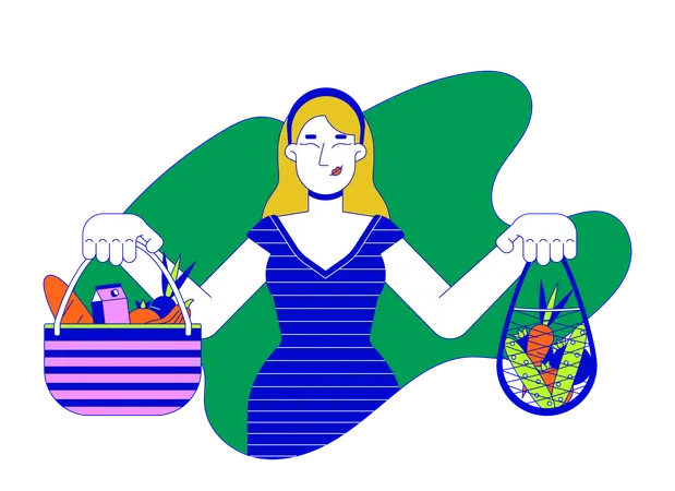 European woman holding reusable bags with food  イラスト