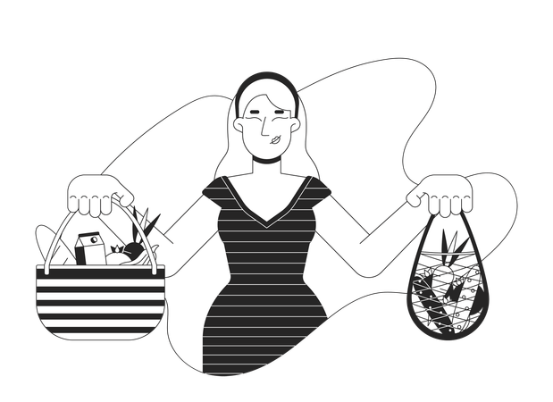 European woman holding reusable bags with food  イラスト