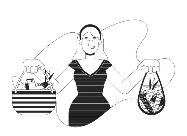 European woman holding reusable bags with food  Illustration