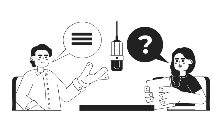 Female Podcast Host Interviewing Guest Man Black And White 2 D Cartoon Characters Questions Asking Podcasters Indian Isolated Vector Outline People Radio Show Monochromatic Flat Spot Illustration Illustration