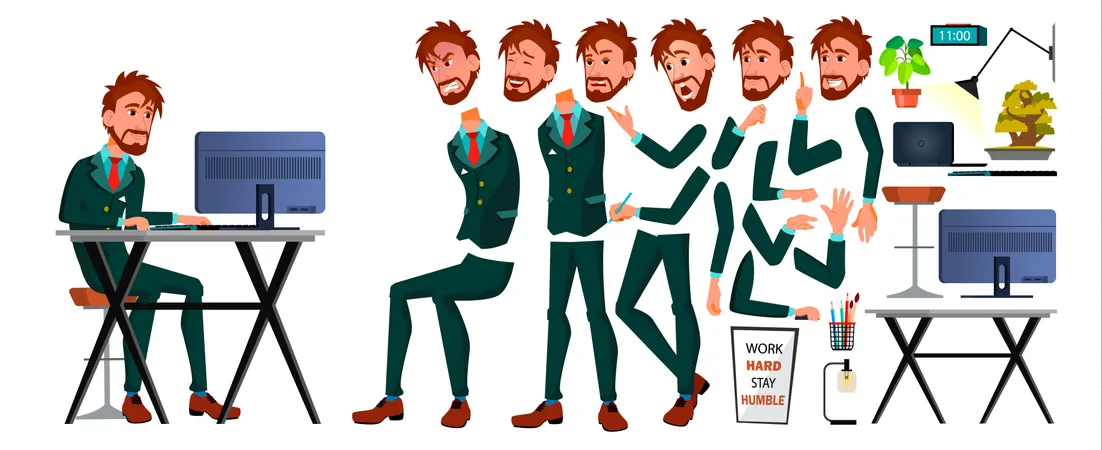 Office European Worker Vector Face Emotions Gestures Animation Set Business Man Professional Cabinet Workman Officer Clerk Isolated Cartoon Illustration Illustration