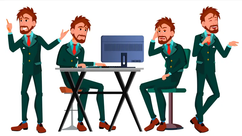 European Worker Working On Desk In Office  Illustration