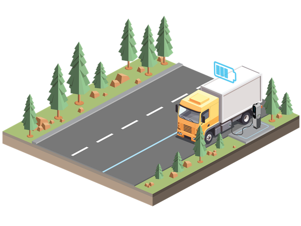 EVカー充電ステーション 未来の交通機関における地方道路 設定車トラック  イラスト