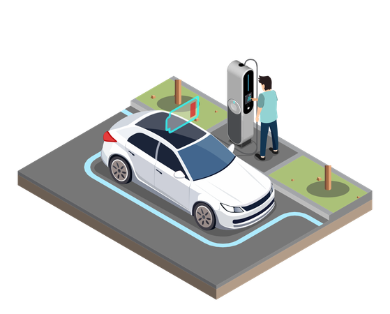 Parada de carro elétrico EV na estação de carregamento  Ilustração