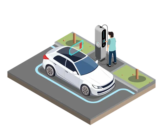 Parada de carro elétrico EV na estação de carregamento  Ilustração