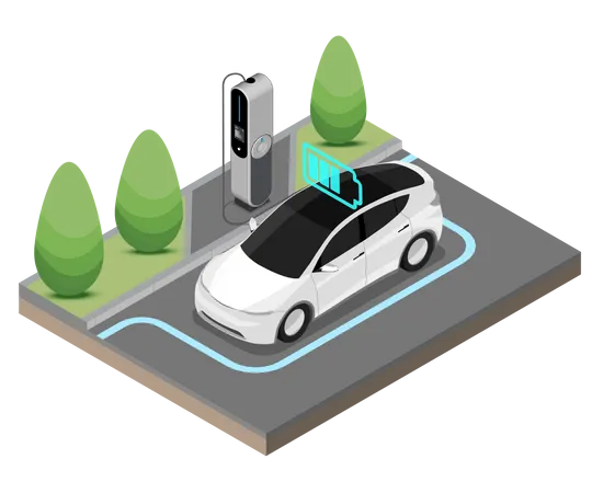 EV Electric Car Stop At Charging Station Ecology Cut Inside Show Battery Concept Isometric Isolated Vecto Illustration