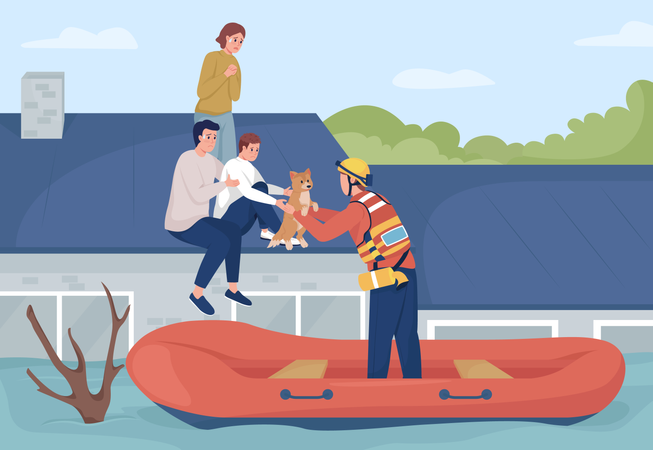 Evacuating people from flooded house Illustration